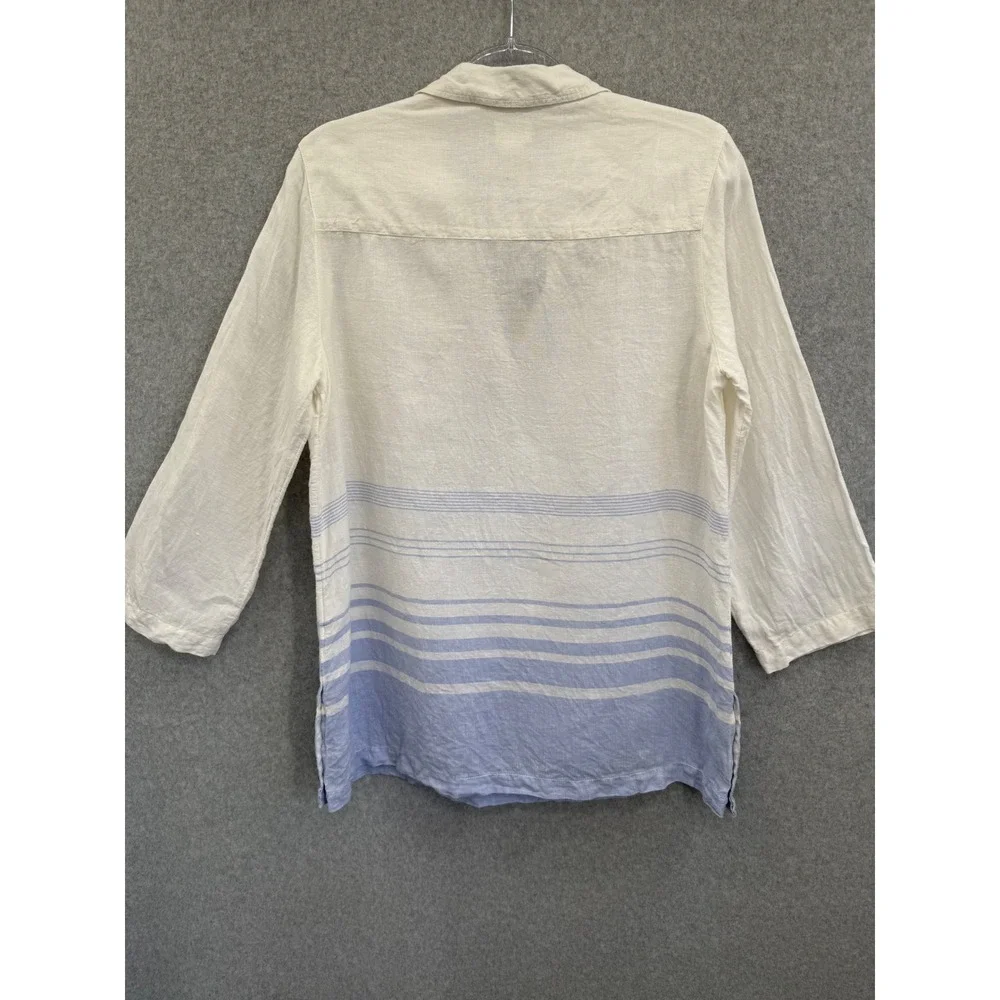 Sigrid Olsen Tunic Top Womens Medium White Blue Striped Linen 3/4 Sleeve‎ V-Neck